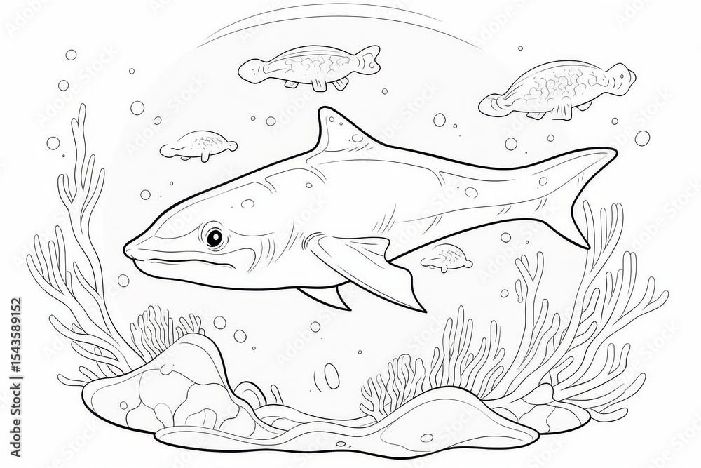 Fototapeta premium Cute hammerhead shark swimming among jellyfish coloring page with crisp black lines on white background for kids