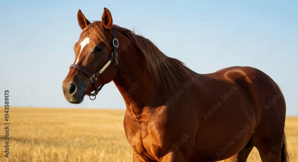 Fototapeta premium Majestic brown horse portrait with white blaze against golden field backdrop