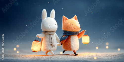 Cute rabbit and fox friends play together with lanterns