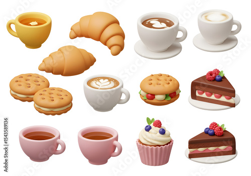 3D Render of Coffee Tea Croissants Cookies Sandwich Cake and Cupcake