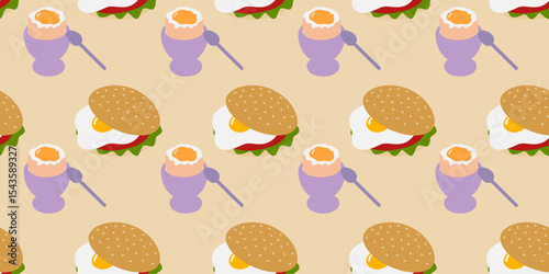 Fried Egg Sandwich and Soft Egg in Egg bowl with spoon Seamless Pattern Egg Day Holiday Festive Fond