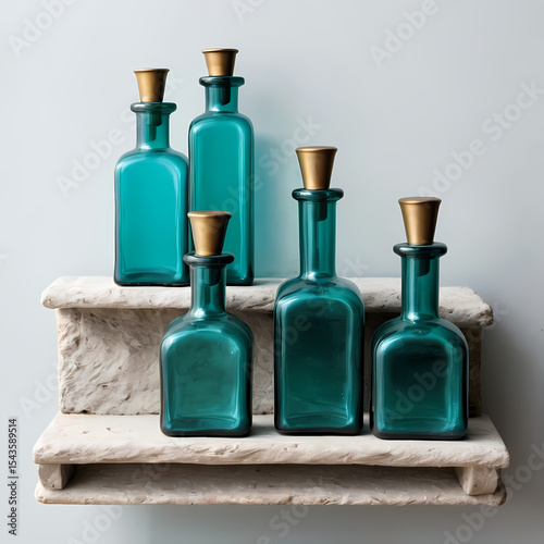 Small Teal Glass Bottles on Stone Shelf  