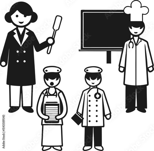 Collection of professions teacher doctor cook and chef stick figure illustration