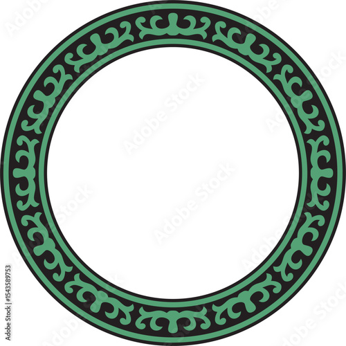 Vector green and black round Kazakh national ornament. Ethnic pattern of the peoples of the Great Steppe, Mongols, Kyrgyz, Kalmyks, Buryats. circle, frame border.
