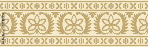 Vector seamless gold indian national ornament. Ethnic endless plant border. Flowers frame. Poppies and leaves.
