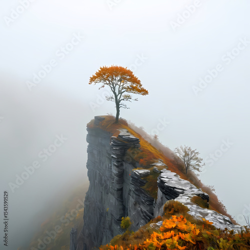 Solitary Cliff with Single Autumn Tree in Fog  