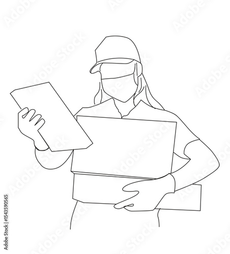 woman carrying order package. Delivery courer character woman with package parcel box. 