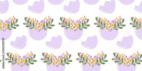 Spring Composition in Cracked Eggshell Vase Seamless Pattern Lavender Easter Spring Festive Backdrop