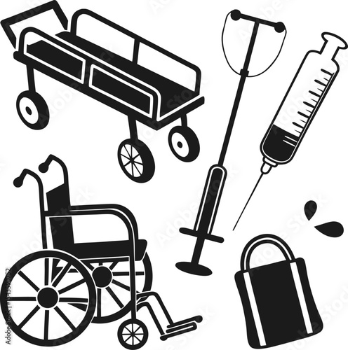 Medical equipment black and white illustration syringe wheelchair emergency stretcher doctor bag