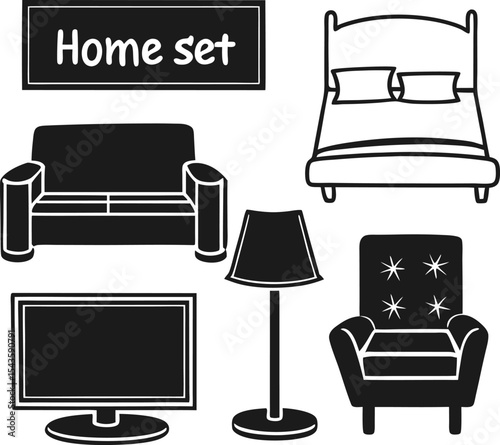Home furniture set black and white interior design element collection