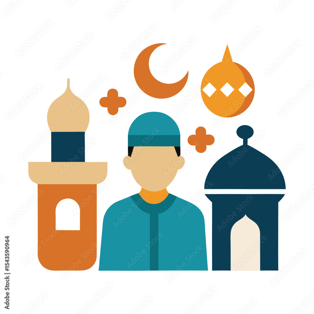Islamic design with man mosque crescent moon and decorative elements in flat style