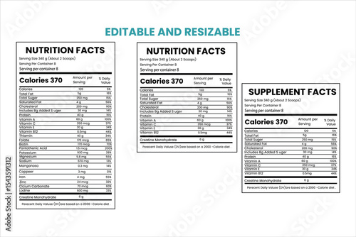 Nutraition Facts ,Nutrition Facts Label supplement Facts, Nutrition label ,Modern vector web page template design with business website layout, internet navigation menu, and card symbols