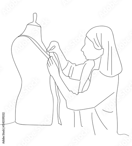 line art woman measuring mannequin. Fashion designer concept. Women try on red dress on mannequin. 