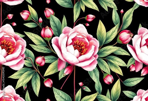 Watercolor peony buds & leaves seamless pattern Hand-drawn abstract floral design,  pastel,  buds