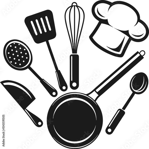 Kitchen utensils monochrome vector illustration cooking tools frying pan chef hat
