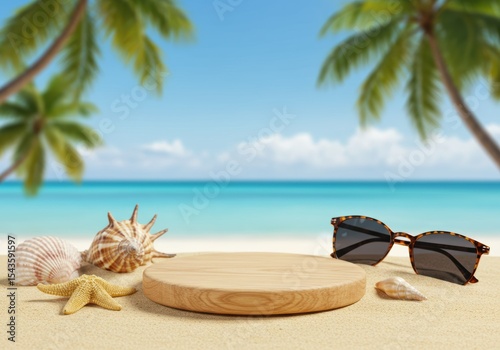 Beach scene with a wooden podium and summer vacation elements.