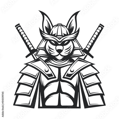 Samurai Cat Warrior Illustration: A detailed black and white vector image of a feline wearing traditional Japanese armor with crossed swords behind its back.