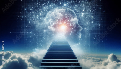 A color illustration of a long staircase leading across the sky through clouds to the silhouette of a digital face as a symbol of the time humanity has spent creating AI. Vector graphics. EPS.