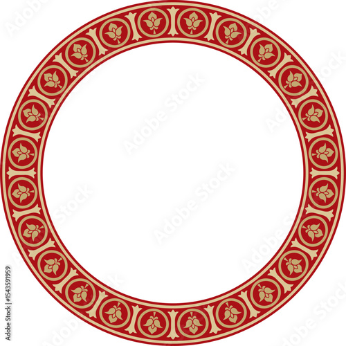 Vector gold with red round classic byzantine ornament. Circle, ring, border, Ancient Greece, Eastern Roman Empire frame. Decoration of the Russian Orthodox Church
