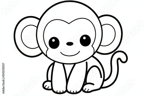Cute simple line art monkey with thick black outline in kawaii children’s coloring book style on white background