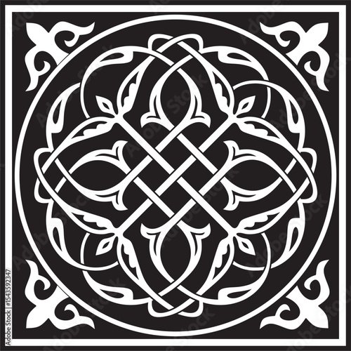 Vector black monochrome square stencil classic byzantine ornament. Rectangle, border, Ancient Greece, Eastern Roman Empire frame. Decoration of the Russian Orthodox Church
