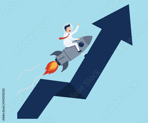 Businessman Astronaut Riding a Rocket on a Rising Arrow Graph, Symbolizing Business Growth, Startup Success, Innovation, Leadership, and Achieving Ambitious Financial Goals, Vector Illustration