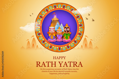Lord Jagannath, Balabhadra and Subhadra on annual Ratha Yatra in Odisha festival background