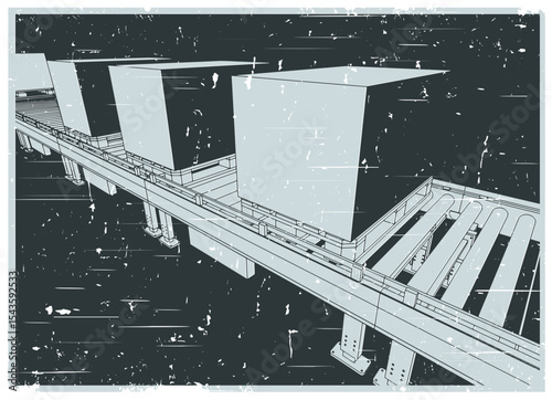 Conveyor line with boxes on pallets close up retro poster