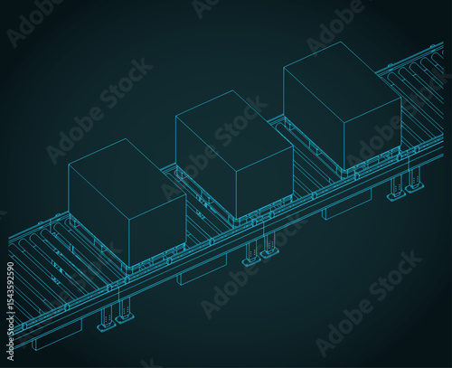 Conveyor with boxes on pallets isometric blueprint