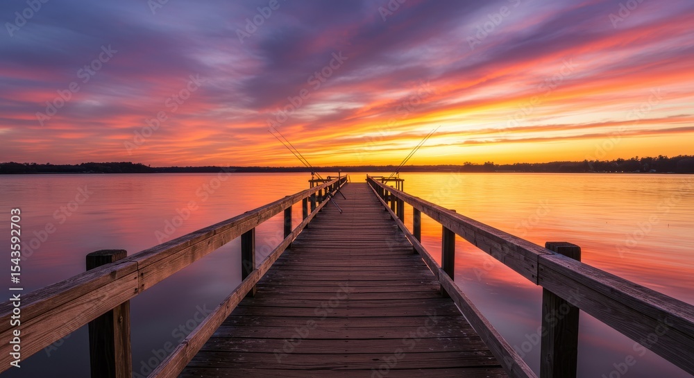 Obraz premium Serene Reflections on Water Wooden Dock at Sunset Landscape