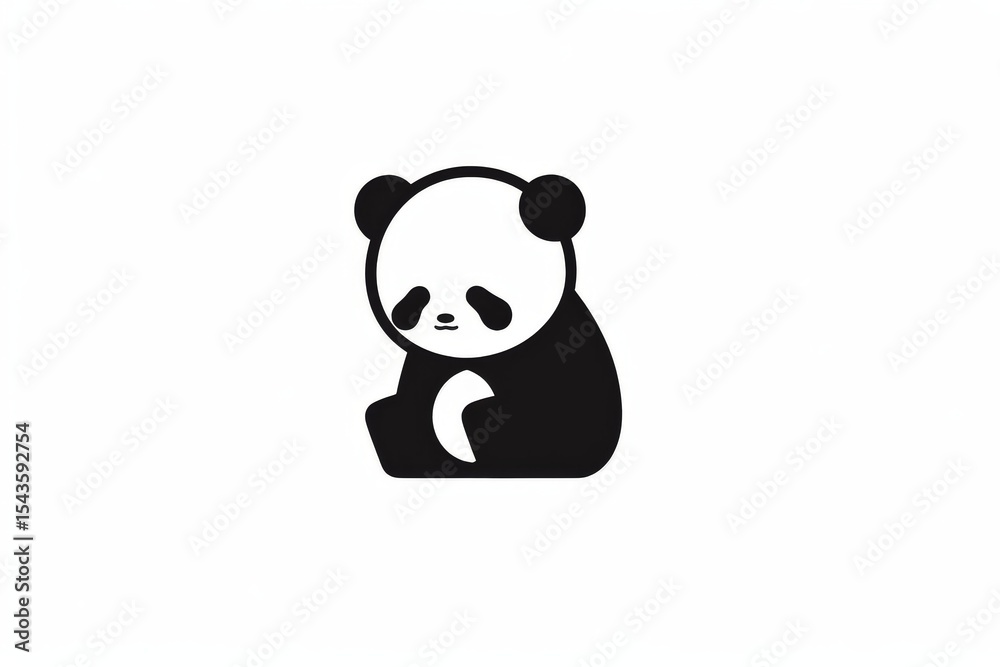 Fototapeta premium Simple line art vector of a cute panda sitting down with clean edges and minimalistic black and white flat design logo style