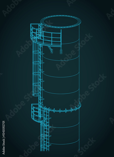 Industrial chimney metal structure and service ladder close up isometric blueprint