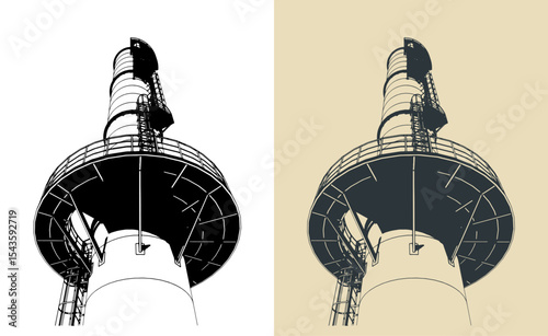 Industrial chimney metal structure, platform and service ladder close up