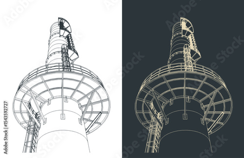 Industrial chimney metal structure, platform and service ladder close up sketches