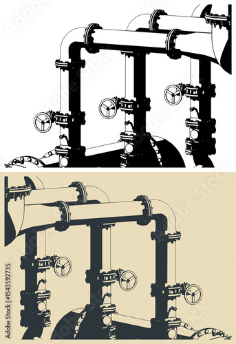 Industrial valves and pipes close up illustrations