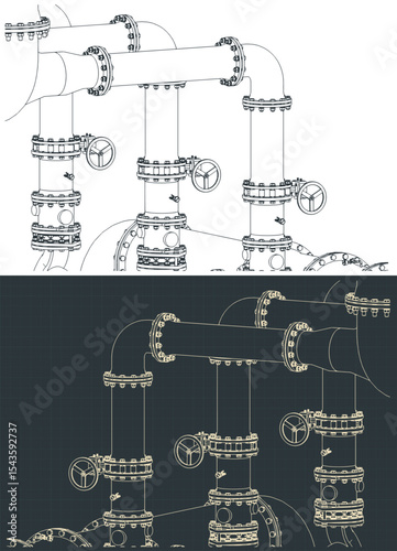 Industrial valves and pipes close up blueprints