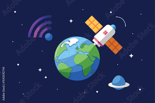  satellite orbiting earth and transmitting signals  flat futuristic vector design