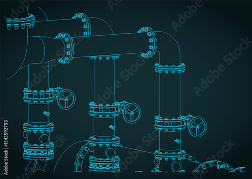 Industrial valves and pipes close up isometric blueprint