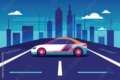  sleek self-driving electric car on digital smart road futuristic city background vector illustration