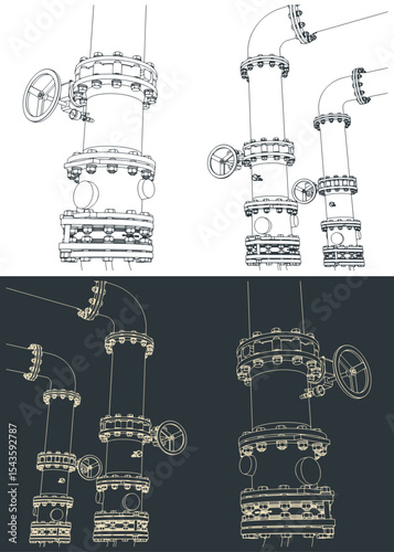 Industrial valves and pipes close-up sketches
