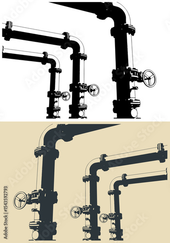 Industrial valves and pipes close-up illustrations