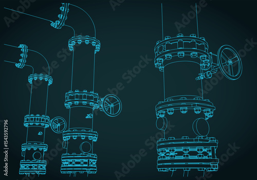 Industrial valves and pipes close-up illustration