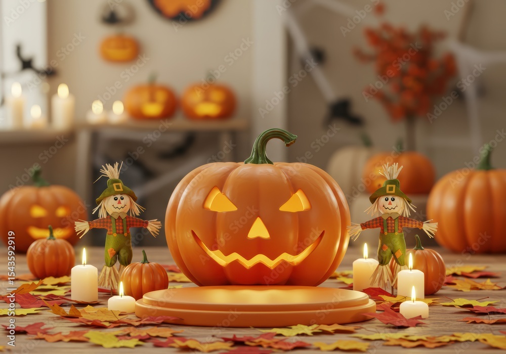 Fototapeta premium An inviting Halloween display featuring a carved pumpkin, scarecrows, and glowing candles.