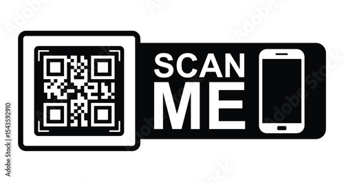 Minimalist black & white graphic: QR code in upper left with focus frame. Large white "SCAN ME" text below/to right. Stylized white smartphone icon lower right.