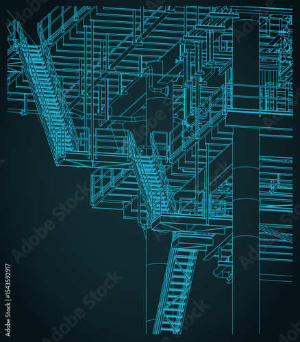 Metal structures offshore platform isometric blueprint close-up