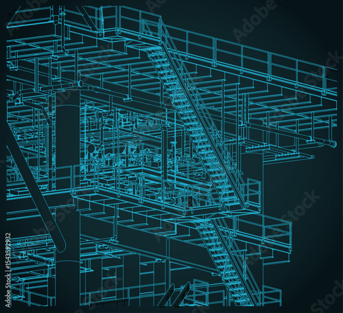 Metal structures offshore platform isometric blueprint close up illustration