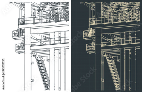 Metal structures offshore platform isometric drawings close-up