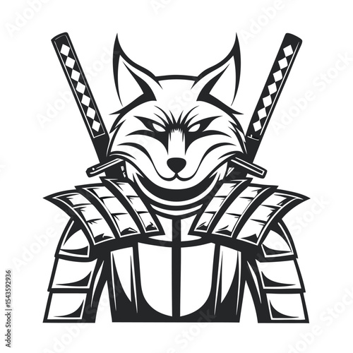 Stylized Fox Warrior Illustration: Fierce Animal Character with Samurai Armor and Swords, Isolated Vector Art for Mascot Logo and Design Elements     