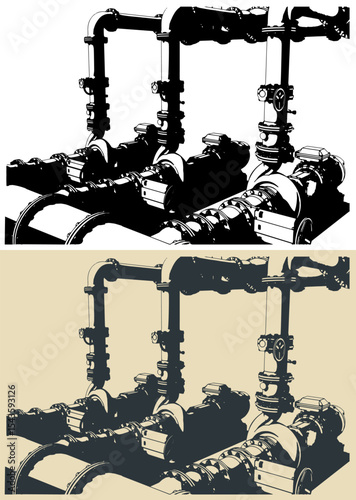 Water pumping station system illustrations