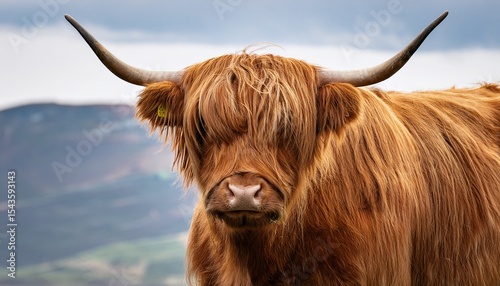 isolated regal highland cow with long flowing hair standing confidently for a striking image